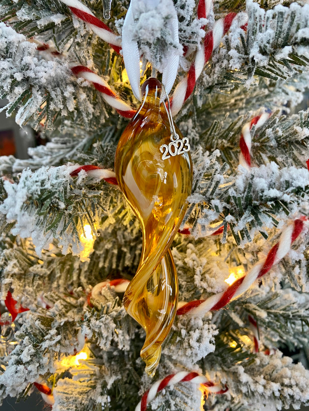 Amber and white Handmade Glass Icicle Ornament